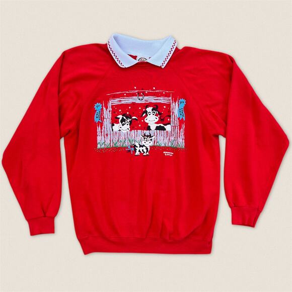Morning Sun Tops - Vintage 90s Grandma Collared Sweater Sweatshirt Farm Cows Morning Sun - Size XL